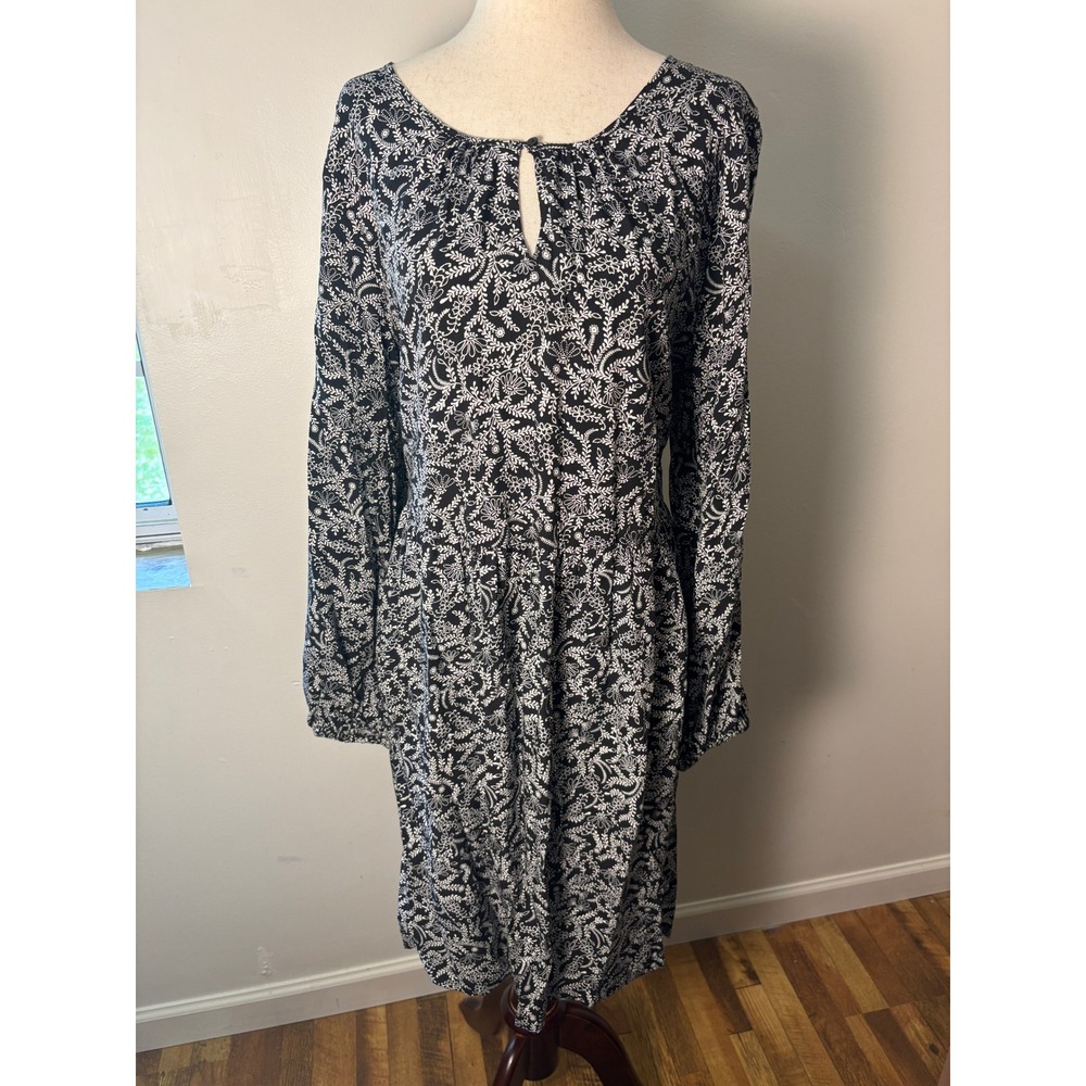 Old Navy Black White Floral Boho‎ Peasant Mini Dress Large Cottagecore